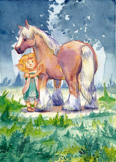Zelda and Epona (fanart, personal work), watercolor (2024)