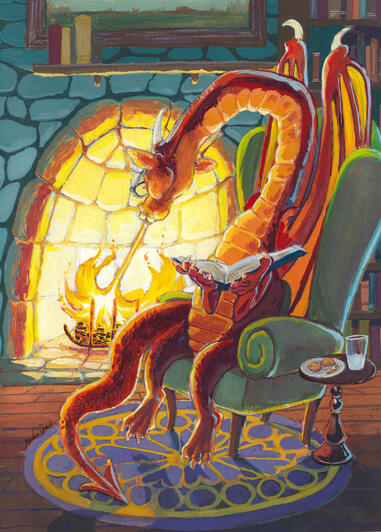 Bookish Dragon (personal work), gouache - 2024