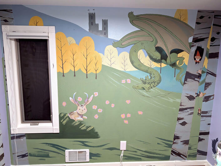 Nursery Mural - 2025, commissioned for a private home mural that depicted a colorful woodland fantasy scene for a baby's nursery
